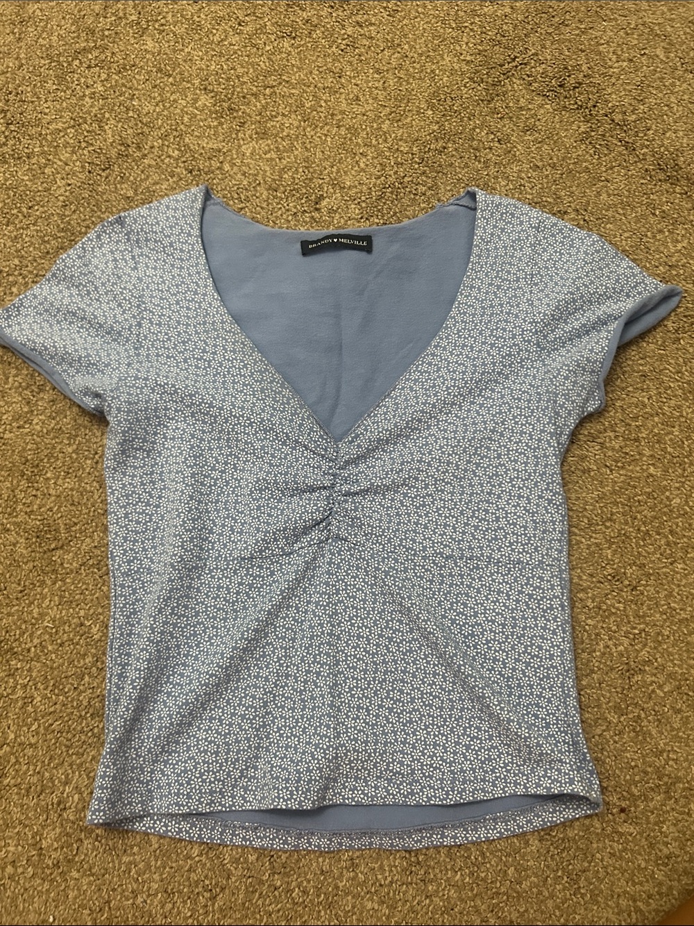 Brandy Melville Petite Blue Floral V-Neck Ruched Top